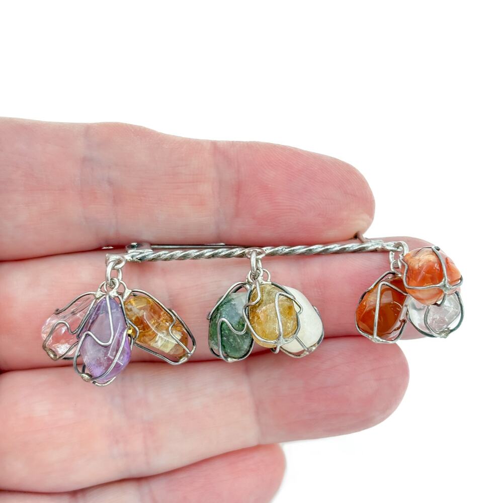 Vintage Sterling Silver 925 Multi Gemstone Bar Brooch